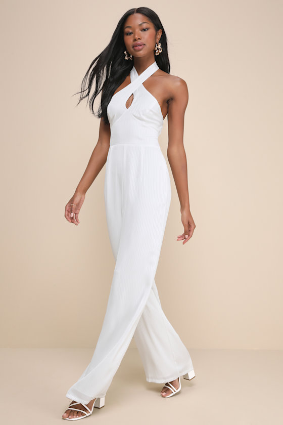 Constantly Copied White Satin Cross-Front Halter Jumpsuit 2