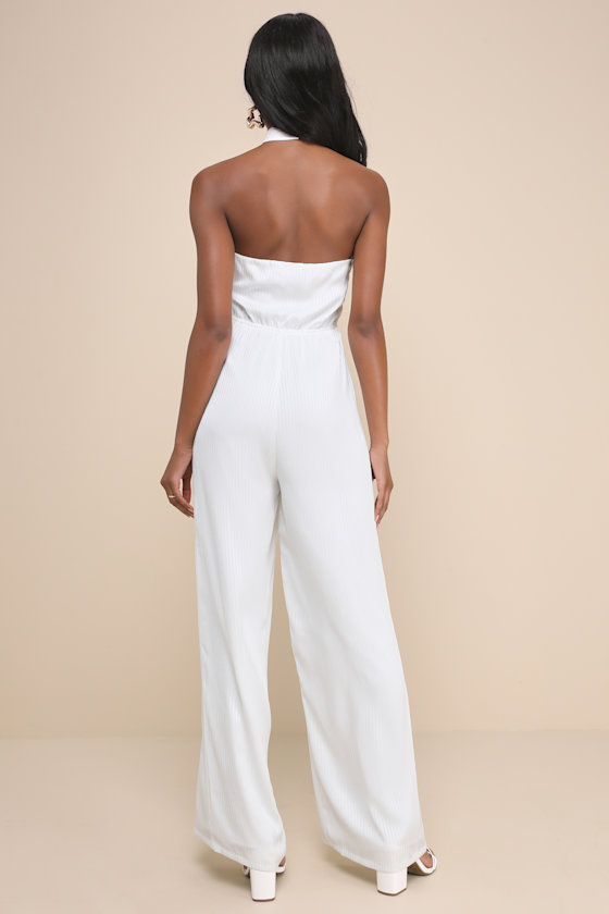 Lulus Constantly Copied White Satin Cross-front Halter Jumpsuit In White