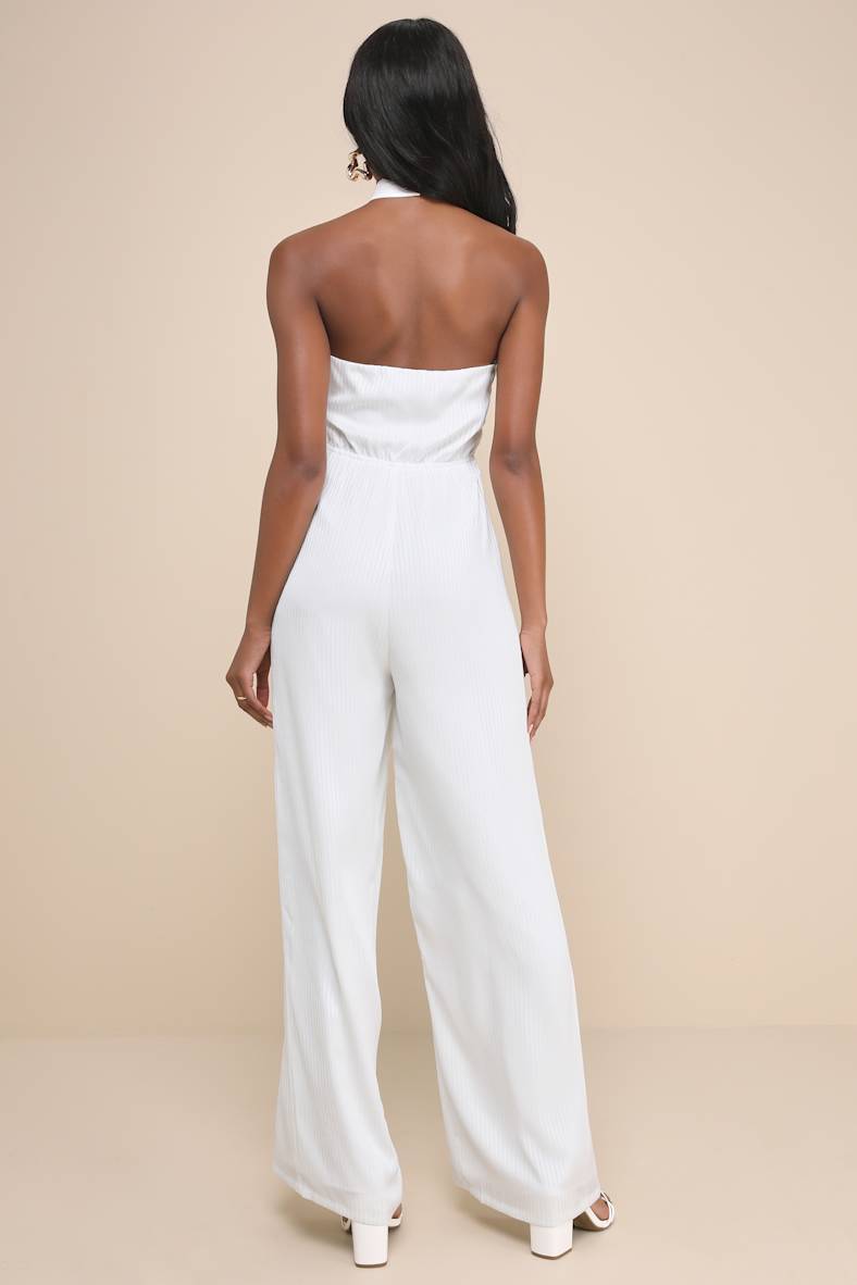 Constantly Copied White Satin Cross-Front Halter Jumpsuit
