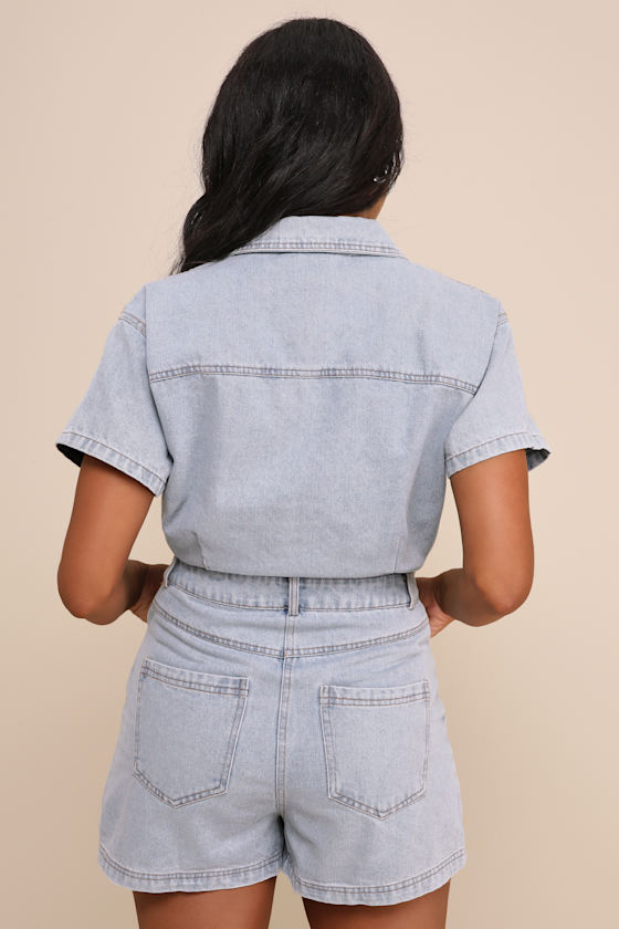 Festival Feelin' Light Wash Short Sleeve Denim Romper - thumbnail 6