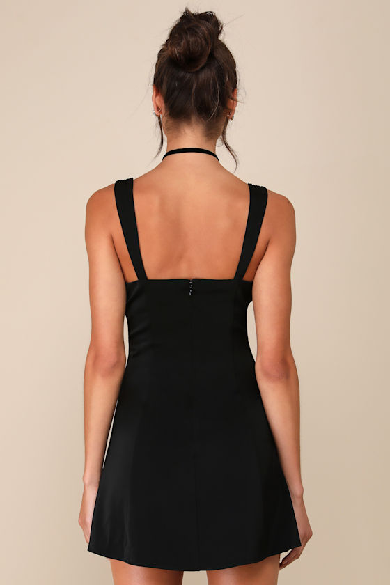 Lulus Flirtatiously Gorgeous Black Satin Lace Bustier Mini Dress In Black