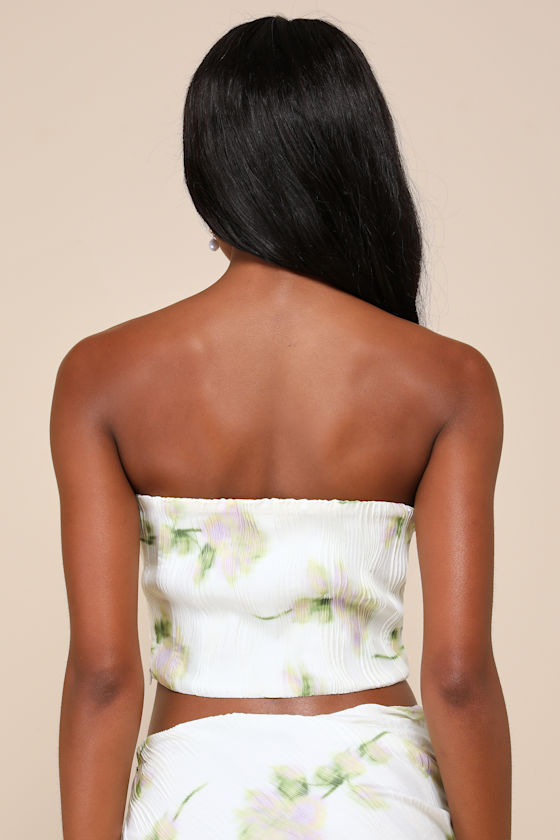 Lulus Enviable Sweetness Ivory Floral Wavy Pleated Strapless Top In Ivory