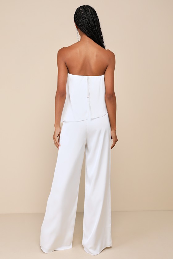 LULUS SINCERELY EXCEPTIONAL WHITE SATIN STRAPLESS TWO-PIECE JUMPSUIT 