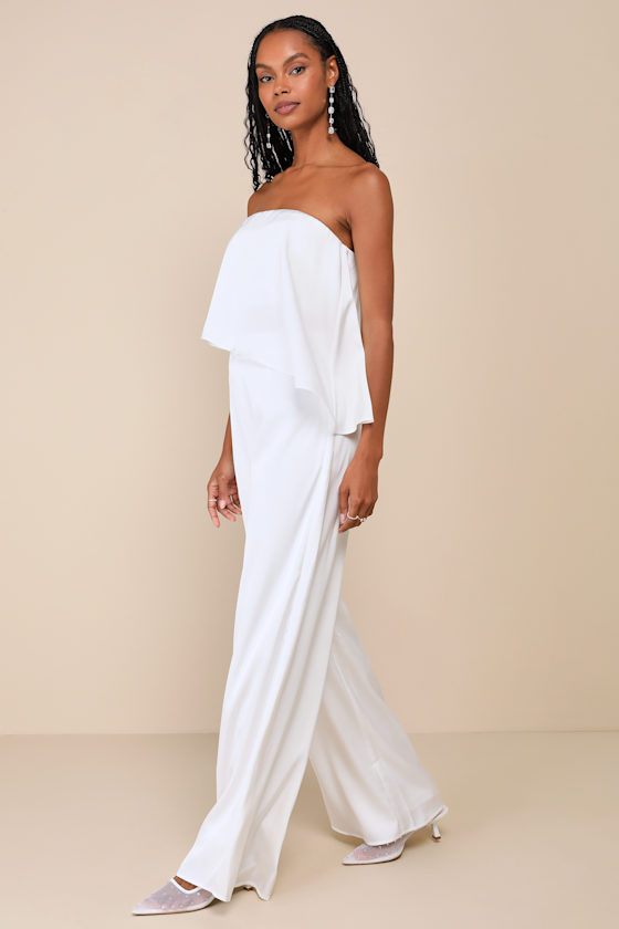 LULUS SINCERELY EXCEPTIONAL WHITE SATIN STRAPLESS TWO-PIECE JUMPSUIT 
