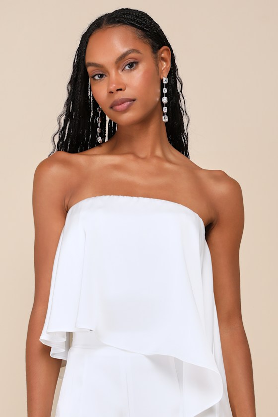 LULUS SINCERELY EXCEPTIONAL WHITE SATIN STRAPLESS TWO-PIECE JUMPSUIT 