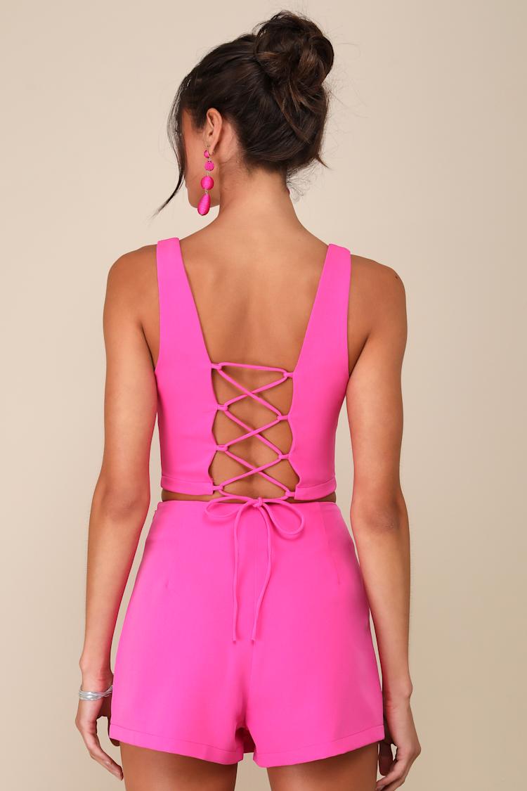 Exceptionally Styled Hot Pink Lace-Up Two-Piece Skort Romper