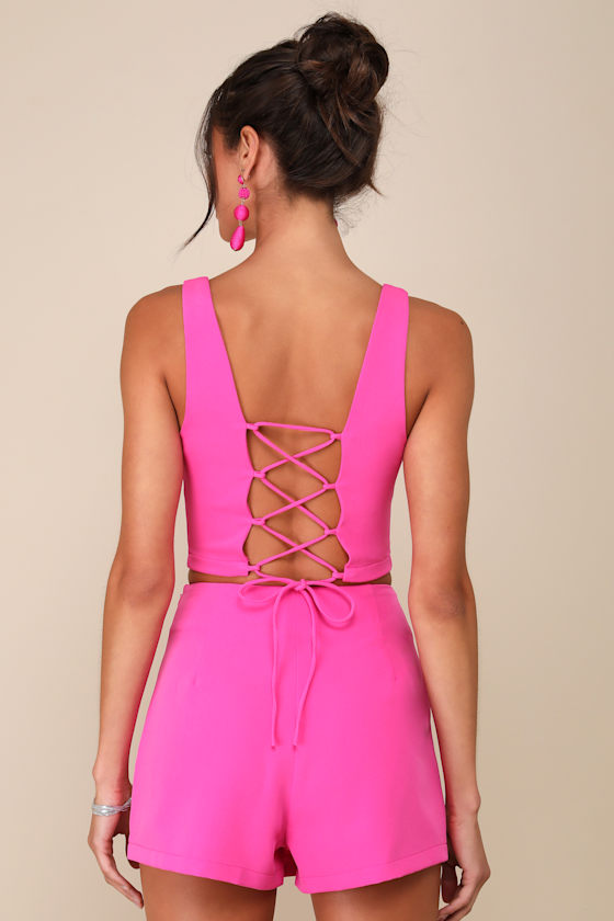 Exceptionally Styled Hot Pink Lace-Up Two-Piece Skort Romper 3