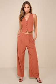 Suits You Perfectly Terracotta Linen Wide Leg Pants 1