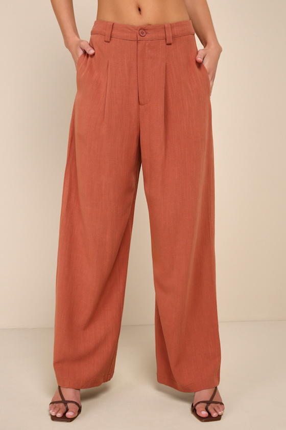 Shop Lulus Suits You Perfectly Terracotta Linen Wide-leg Pants In Brown