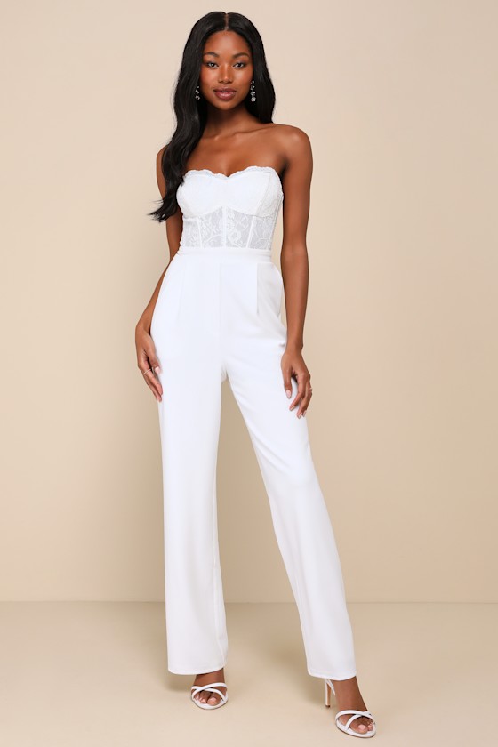 Positively Impressive White Lace Strapless Bustier Jumpsuit 1