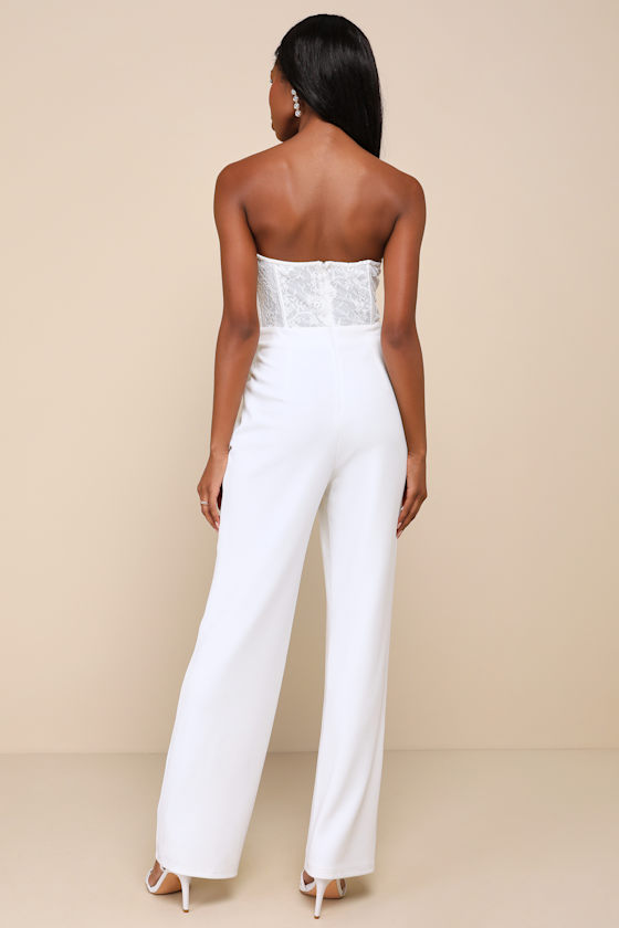 Positively Impressive White Lace Strapless Bustier Jumpsuit 3