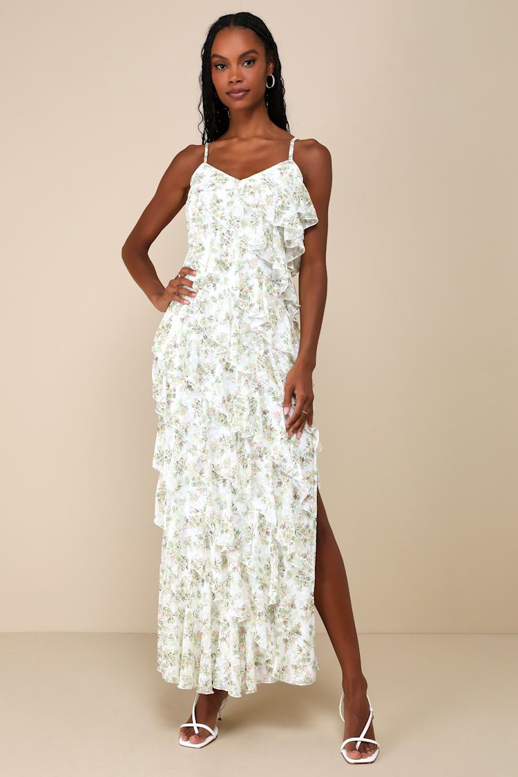 Ruffles Print Floral Chiffon Maxi Dres
