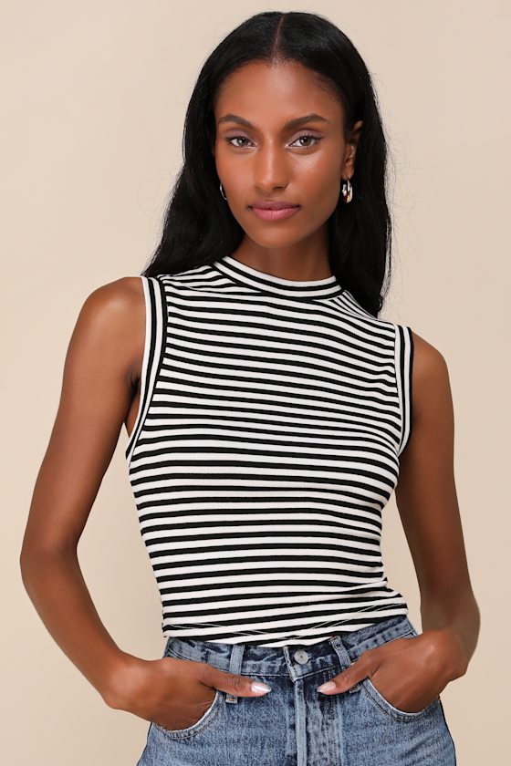 Lulus Chic Direction Cream And Black Striped Mock Neck Ribbed Tank Top In Black