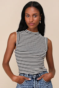Chic Direction Cream and Black Striped Mock Neck Ribbed Tank Top 2