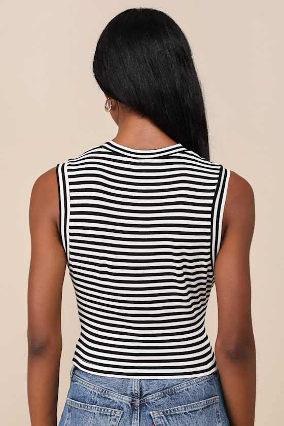 Lulus Chic Direction Cream And Black Striped Mock Neck Ribbed Tank Top In Black