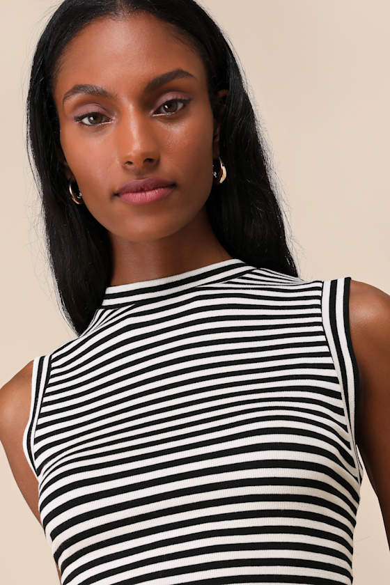 Lulus Chic Direction Cream And Black Striped Mock Neck Ribbed Tank Top In Black