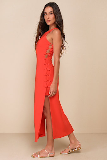 Masterfully Mod Bright Orange Side Button Midi Dress 3
