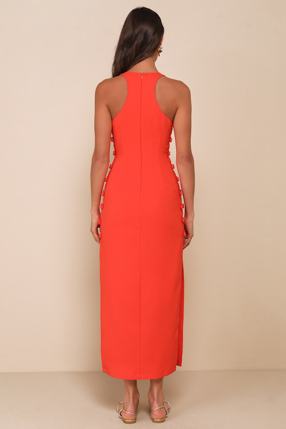 Lulus Masterfully Mod Bright Orange Side Button Midi Dress In Orange