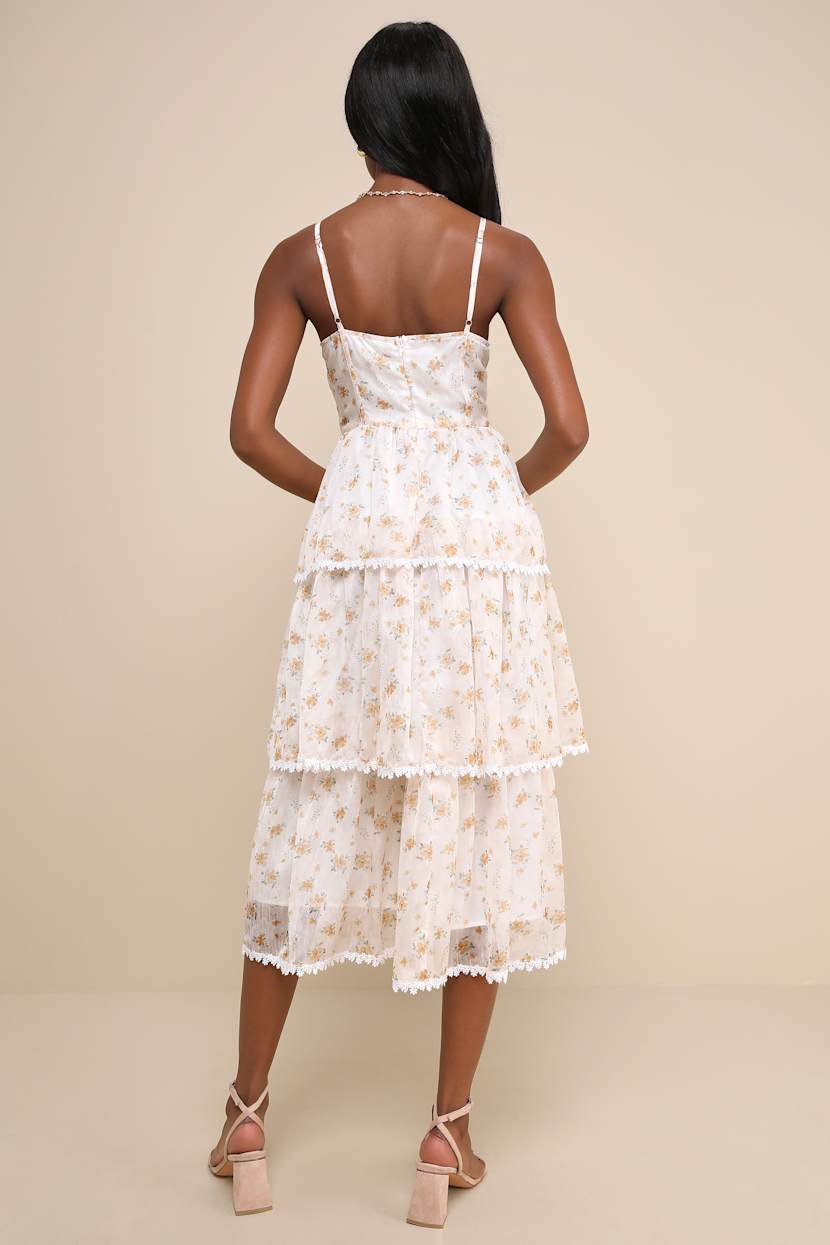 White & Orange Floral Dress - Ruffled Bustier Dress - Midi Dress - Lulus White & Orange Floral Dress - Ruffled Bustier Dress - Midi Dress - Lulus