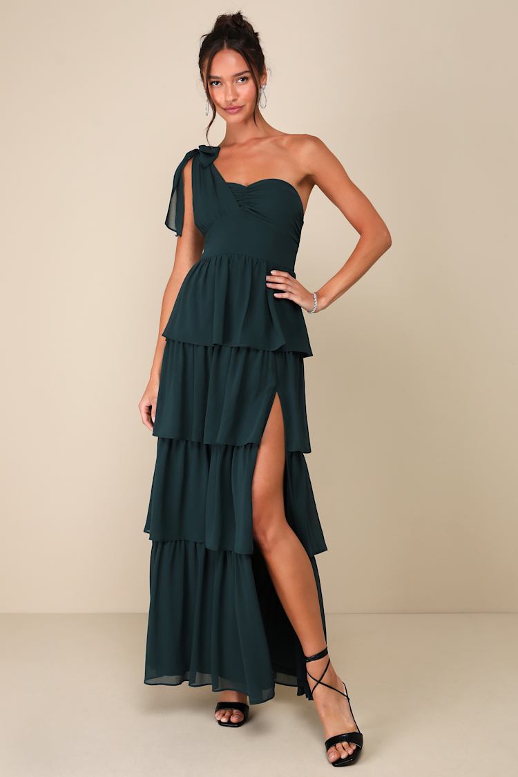 Elevated Vision Emerald Green One-Shoulder Tiered Maxi Dress