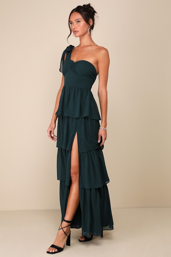 Lulus Elevated Vision Emerald Green One-shoulder Tiered Maxi Dress In Emerald Green