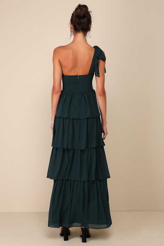 Lulus Elevated Vision Emerald Green One-shoulder Tiered Maxi Dress In Emerald Green