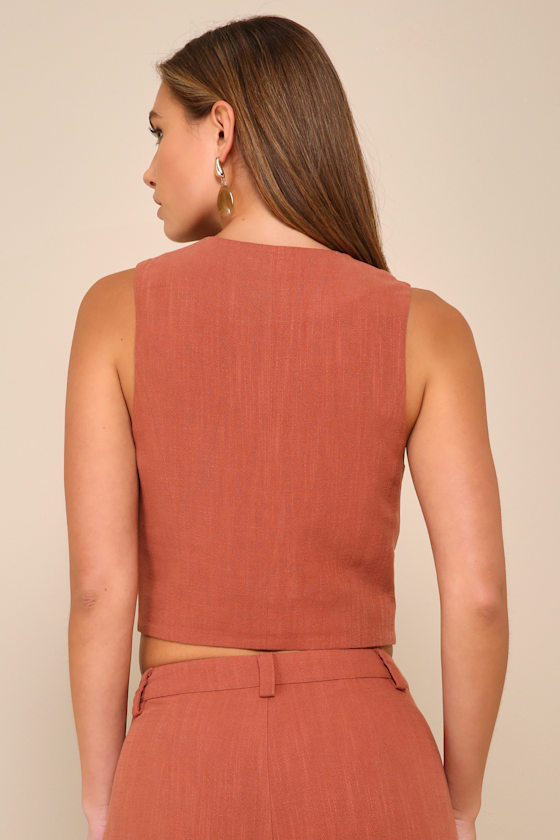 Lulus Suits You Perfectly Terracotta Linen Vest In Brown