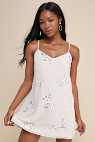 Elevated Approach Grey Beaded Sequin Floral Shift Mini Dress