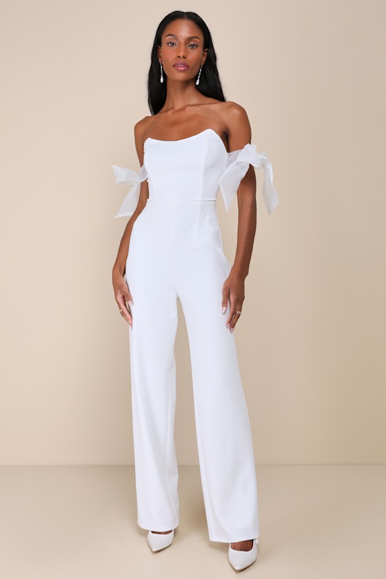 Pristine Aura White Tie-Strap Off-the-Shoulder Jumpsuit 2