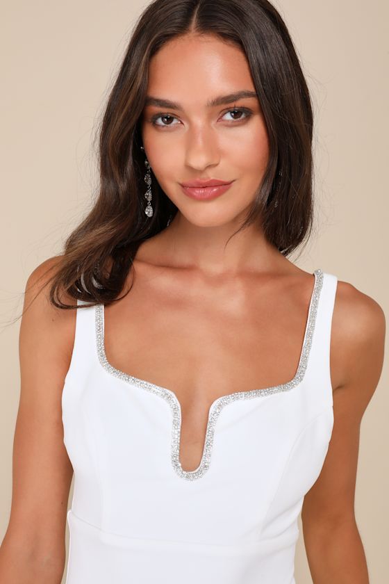 Lulus Sparkling Presence White Rhinestone Notched Bodycon Mini Dress In White