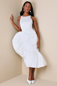 Magnificent Presence White Ruffled Asymmetrical Midi Dress