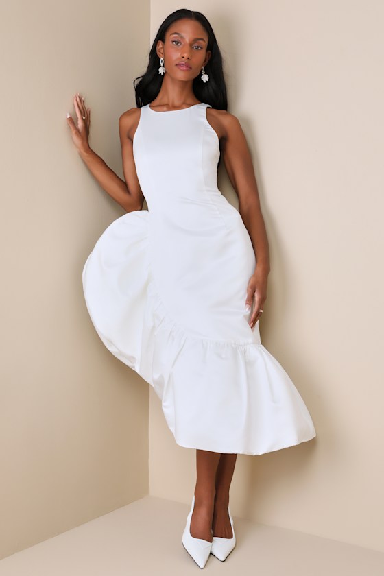 Magnificent Presence White Satin Ruffled Asymmetrical Midi Dress 2