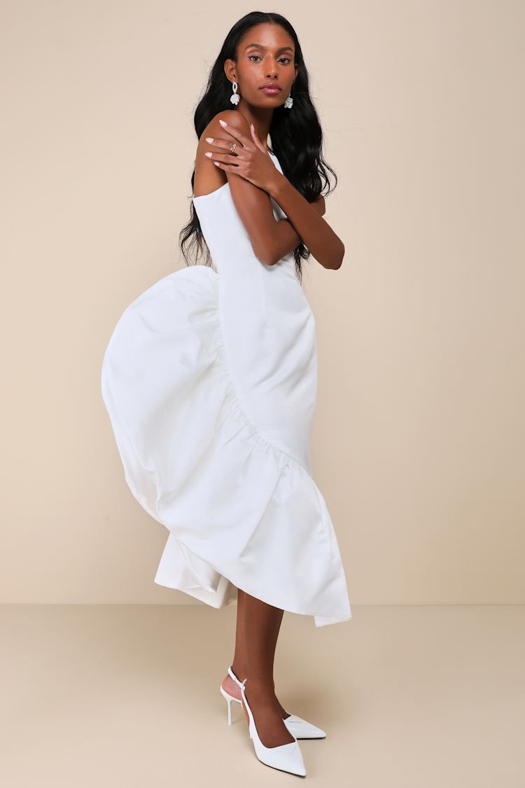 Magnificent Presence White Satin Ruffled Asymmetrical Midi Dress
