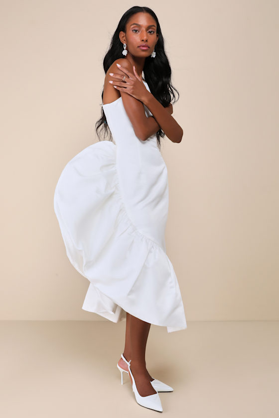 Magnificent Presence White Satin Ruffled Asymmetrical Midi Dress 3