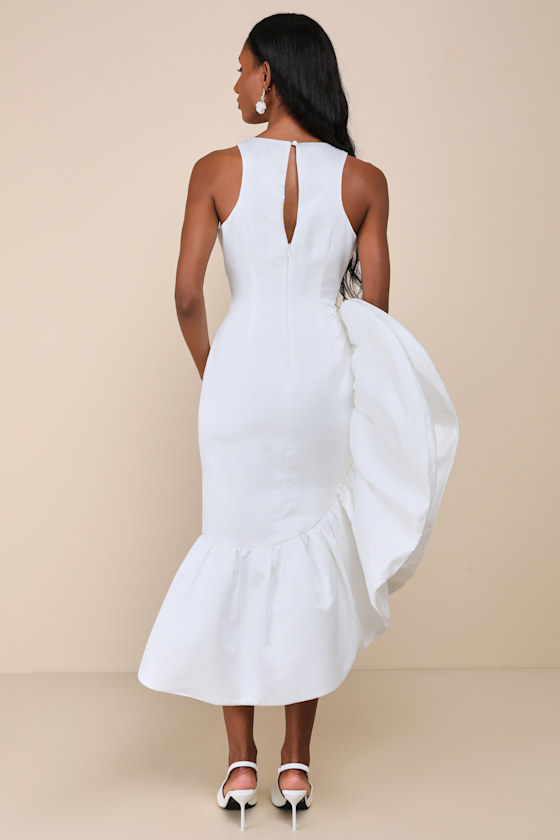 LULUS MAGNIFICENT PRESENCE WHITE RUFFLED ASYMMETRICAL MIDI DRESS 
