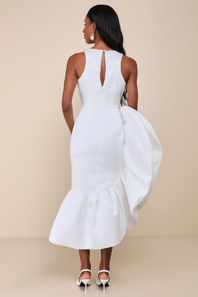 Magnificent Presence White Satin Ruffled Asymmetrical Midi Dress