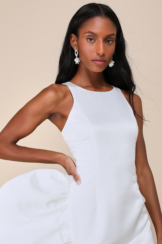 LULUS MAGNIFICENT PRESENCE WHITE RUFFLED ASYMMETRICAL MIDI DRESS 