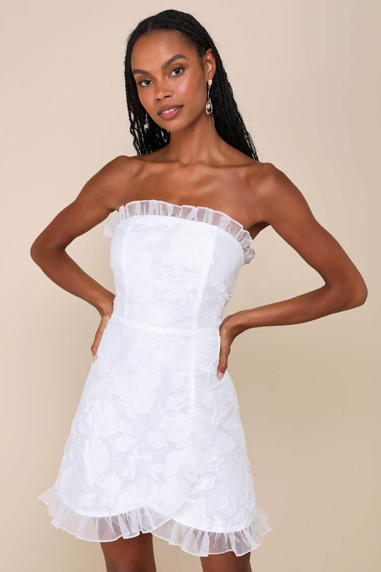 Exclusive Sweetness White Floral Jacquard Ruffled Mini Dress