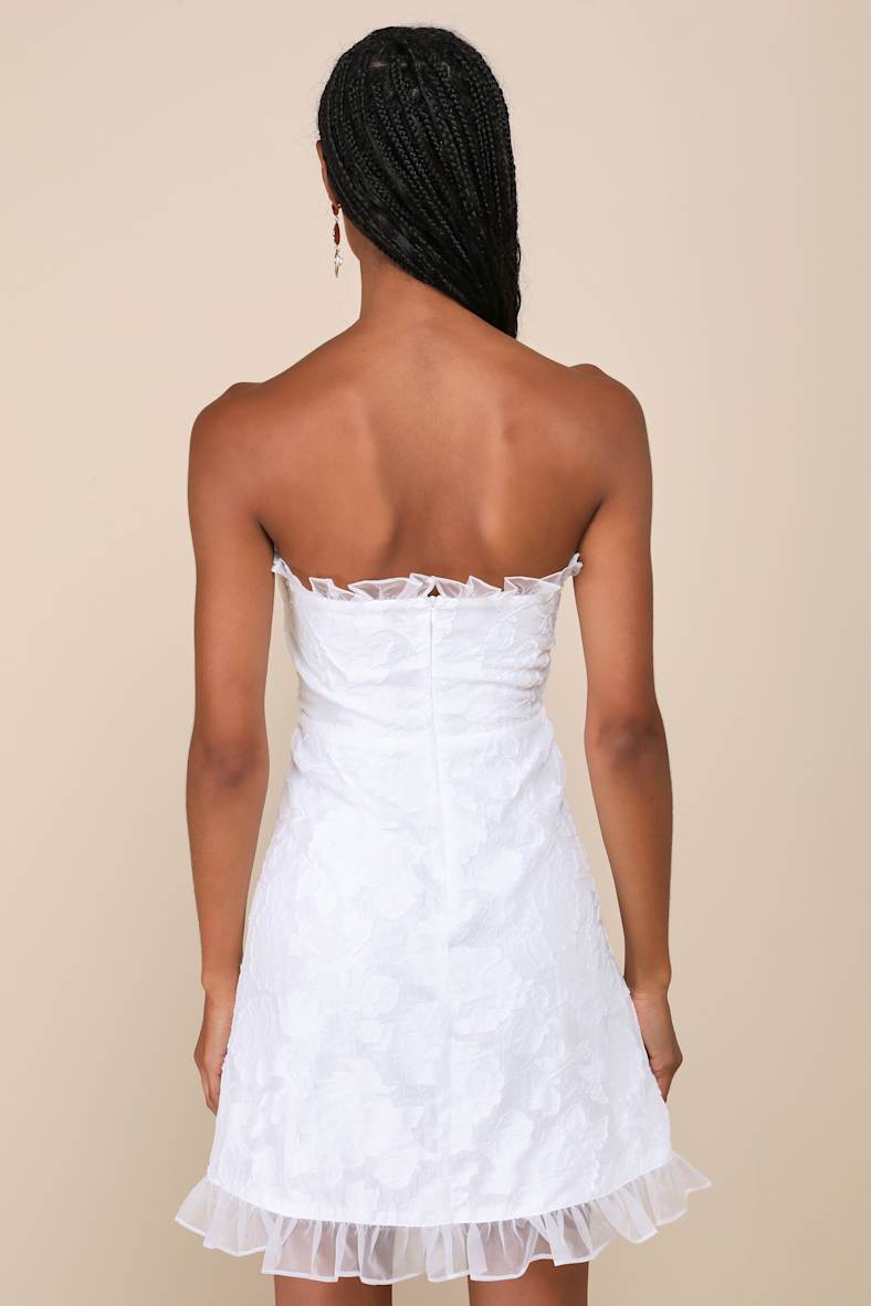 Exclusive Sweetness White Floral Jacquard Ruffled Mini Dress