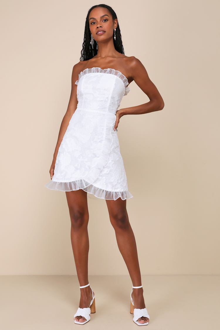 Exclusive Sweetness White Floral Jacquard Ruffled Mini Dress