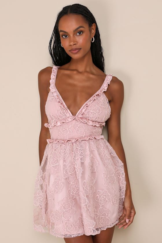 LULUS DELIGHTFULLY PRECIOUS MAUVE MESH EMBROIDERED RUFFLED MINI DRESS