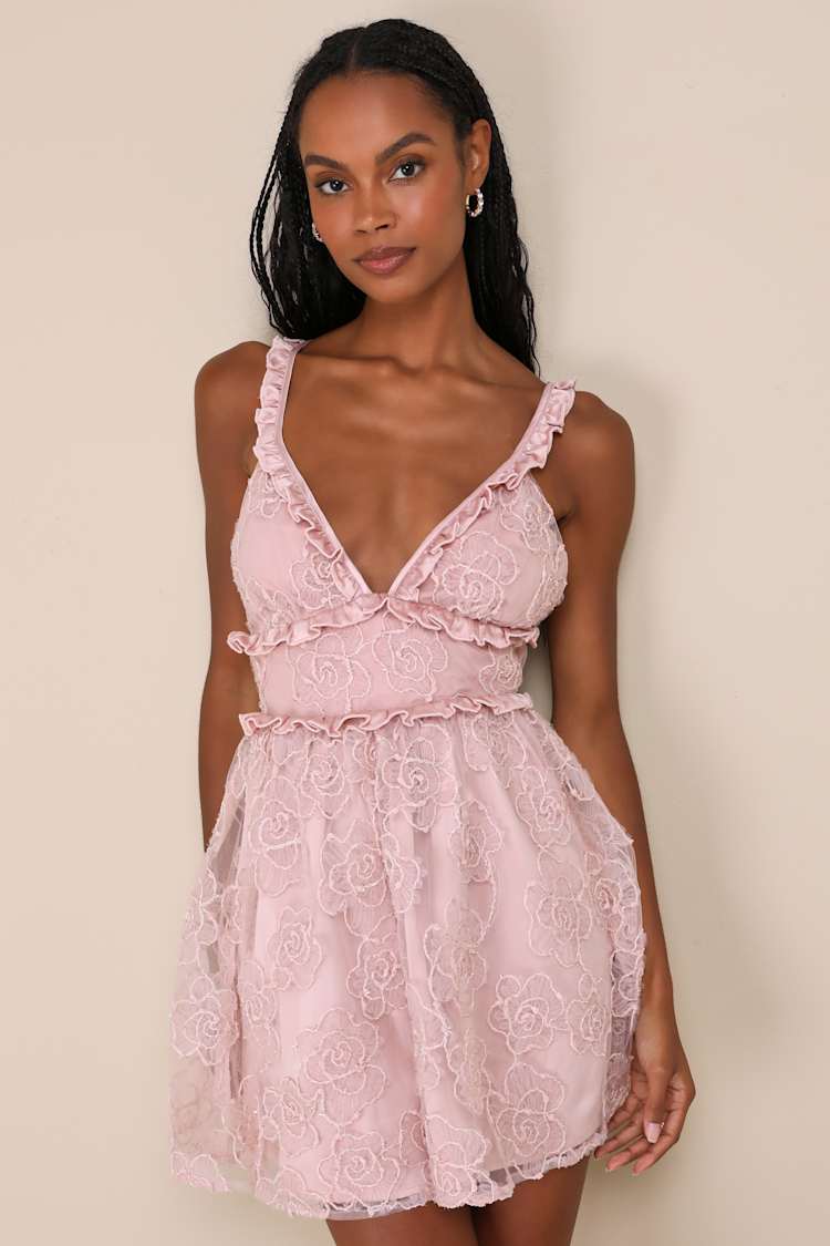 Delightfully Precious Mauve Mesh Embroidered Ruffled Mini Dress