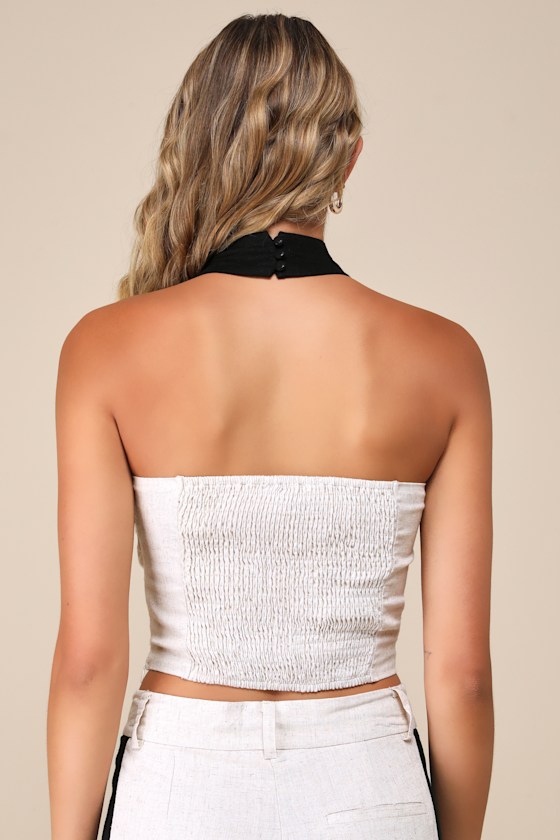 Lulus Exceedingly Cool Beige Color Block Linen Halter Crop Top In Beige