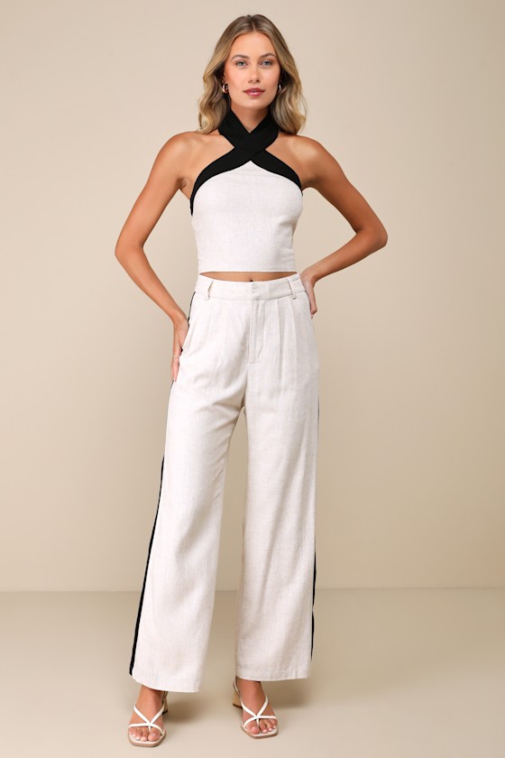 Lulus Exceedingly Cool Beige Color Block Linen Halter Crop Top In Beige