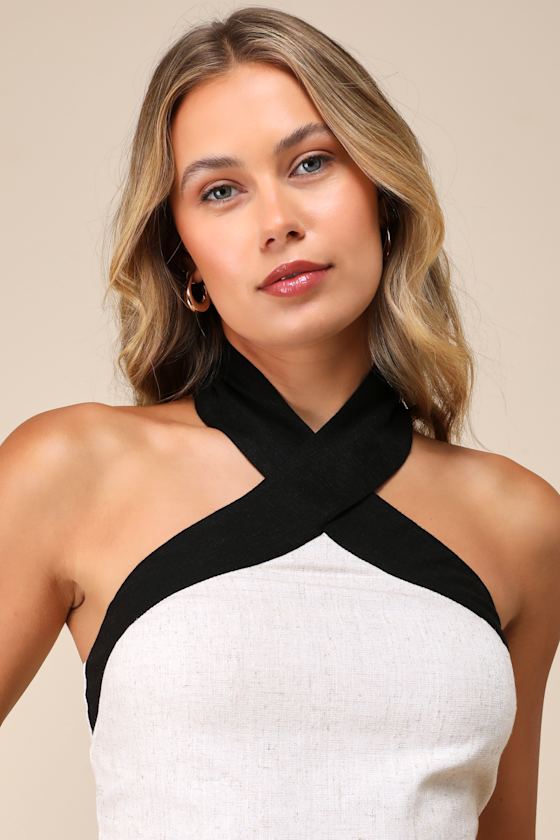 Lulus Exceedingly Cool Beige Color Block Linen Halter Crop Top In Beige