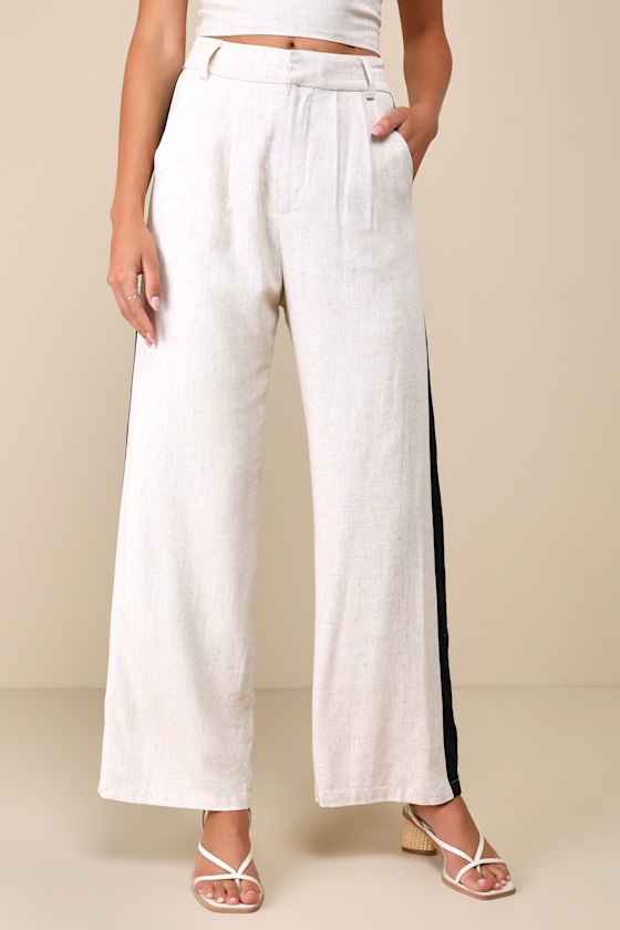 LULUS EXCEEDINGLY COOL BEIGE COLOR BLOCK LINEN STRAIGHT LEG PANTS