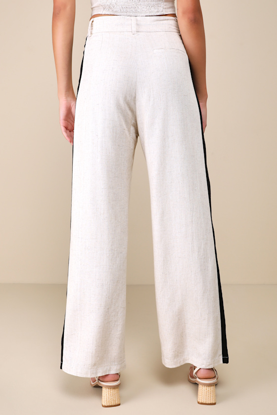 LULUS EXCEEDINGLY COOL BEIGE COLOR BLOCK LINEN STRAIGHT LEG PANTS