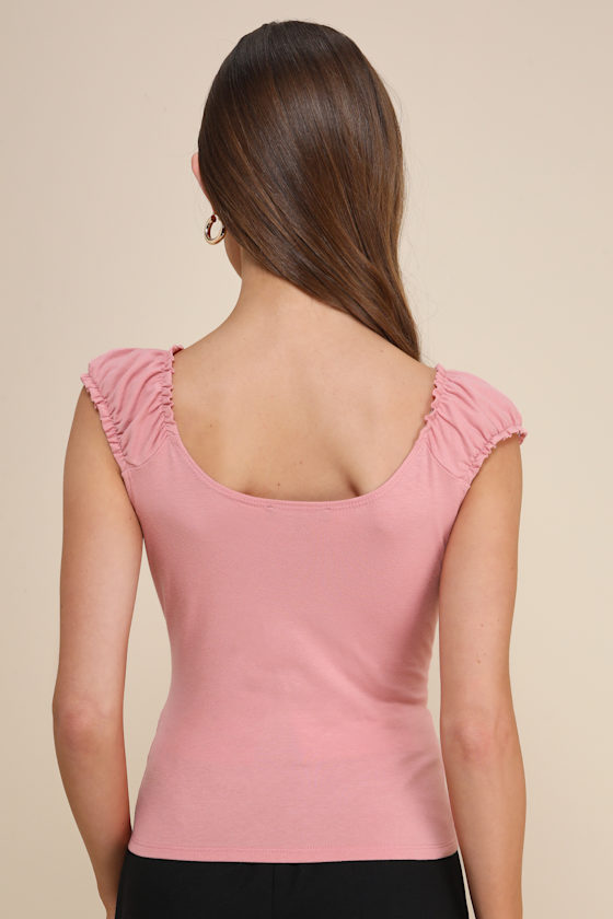 Lulus Lovely Attitude Dusty Rose Rosette Ruffled Cap Sleeve Top In Dusty Rose