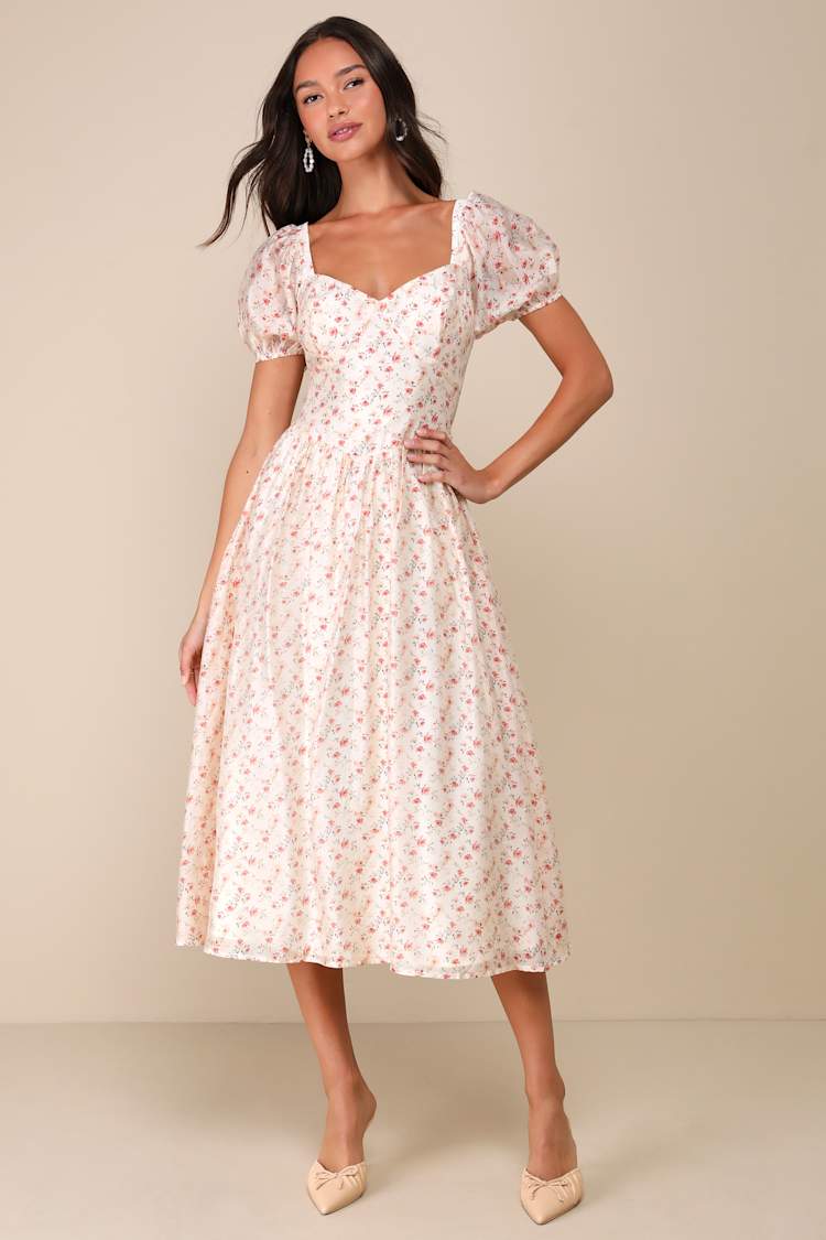 chinese dress ladies Peach Floral Square Neck Short Puff Sleeve Lace-Up Back Maternity Midi –  PinkBlush main image 1