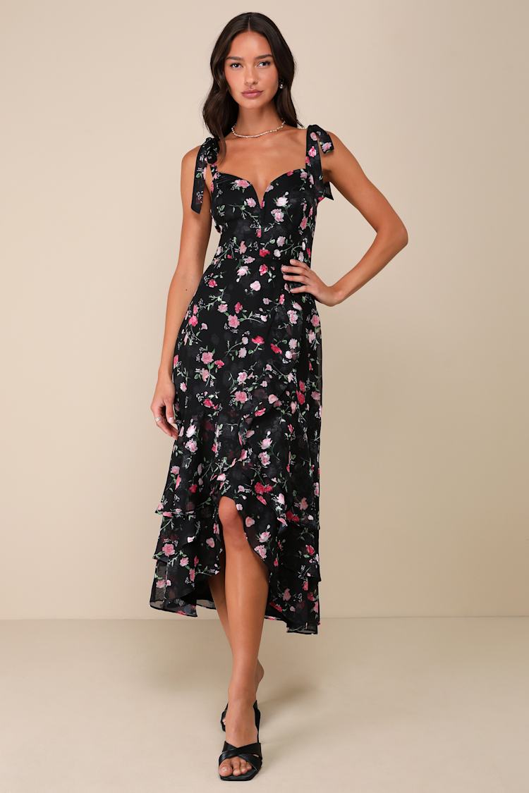 So Elevated Black Floral Jacquard Tie-Strap High-Low Midi Dress